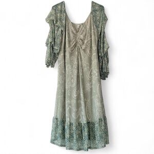 Cato Long Sleeve Dress with Paisley in Green and Cream